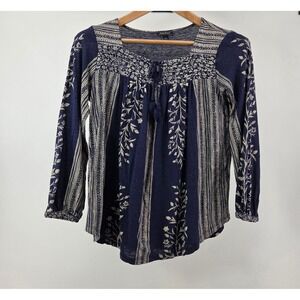Lucky Blue Floral Vine Boho Peasant Tassel Womens Small Flowy Top Indie Folk